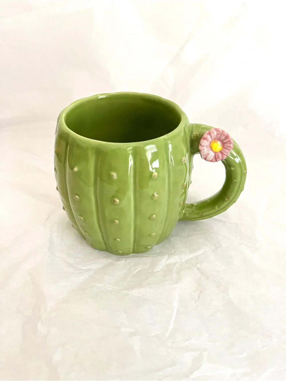Pier 1 Cactus Flower Stoneware Mug 16 Oz  Green Pink Cottagecore Boho Cute